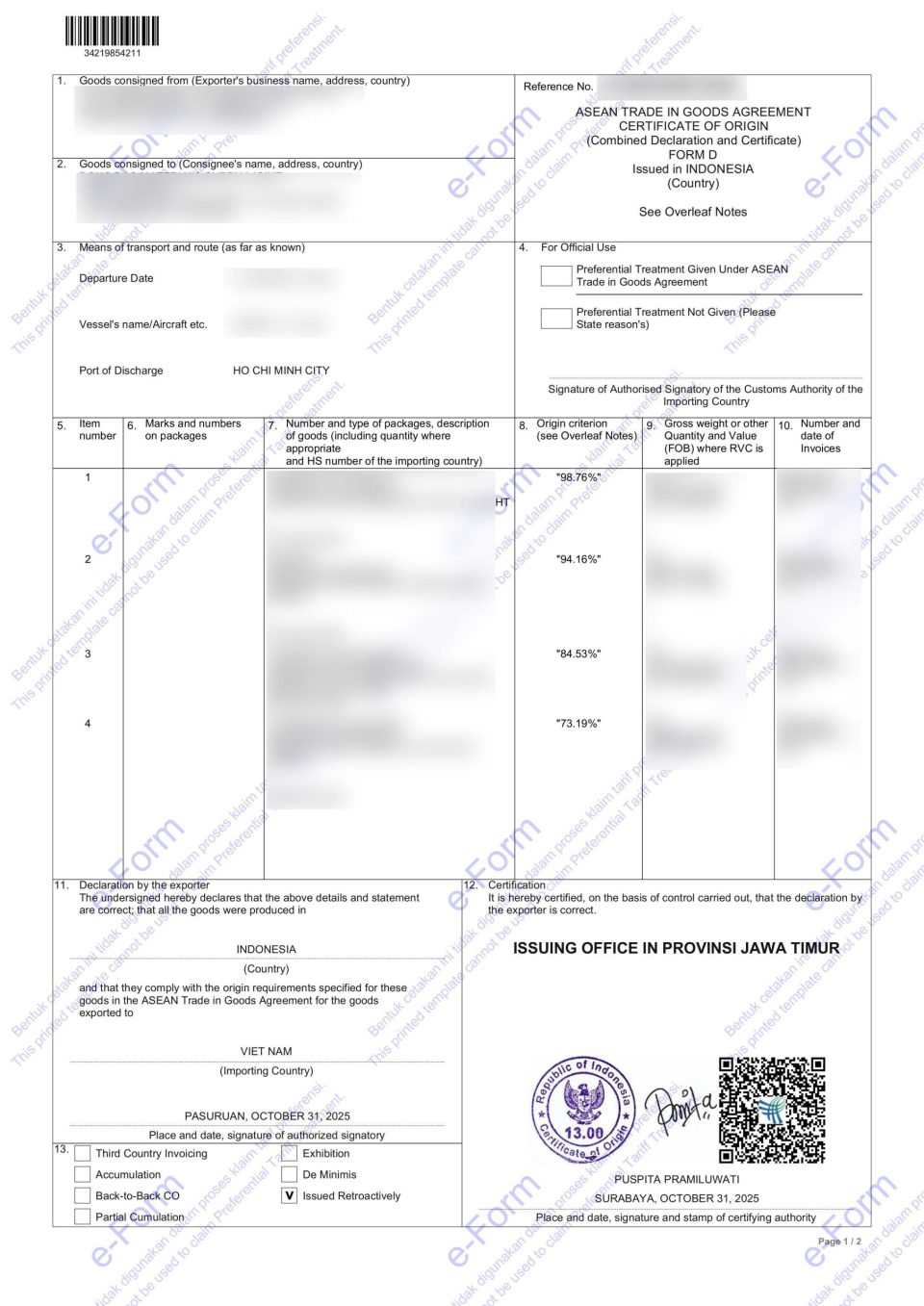 ATIGA Certificate of Origin Form D for Vietnam Thailand preferential duty