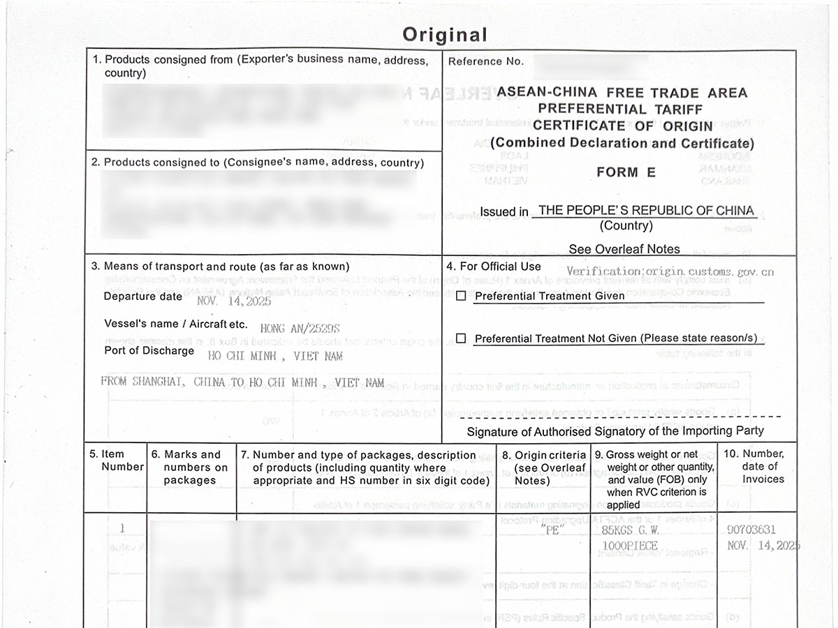 Certificate of Origin Form E used to claim 0% import duty on goods from China to Vietnam