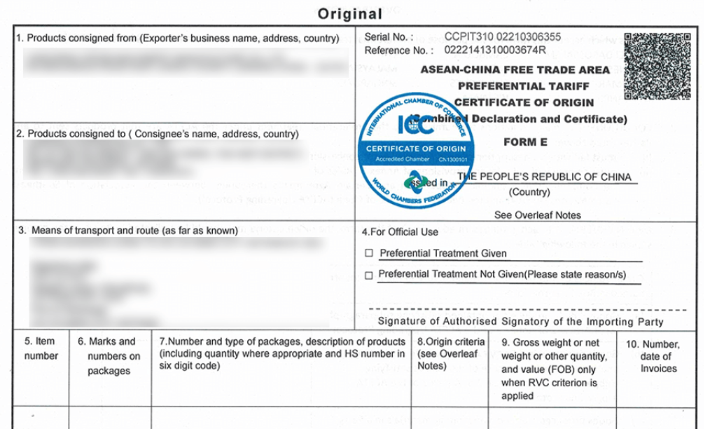 The Form E Certificate of Origin (C/O) prepared by AlphaTrans.